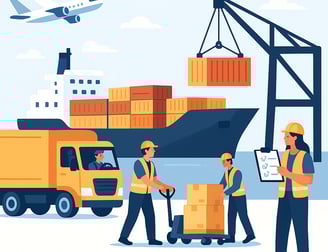 Digital illustration of a busy export scene with a container ship, truck, crane, and workers loading goods, showcasing effici