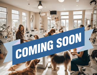 A CGI image demonstrating a dog grooming training salon with a coming soon banner