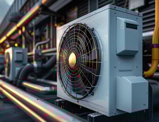 a large air conditioner with a fan on a metal pipe