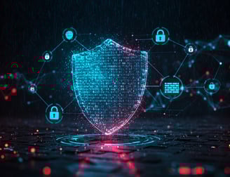 Holografinis skydas su saugumo ikonoms, simbolizuojantis kibernetinį saugumą.