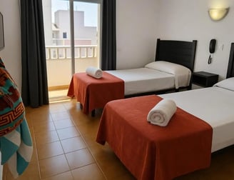 Habitación con balcón en Hotel San Vicente, Conil. Dos camas individuales, luz natural y acceso a te