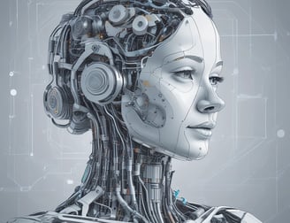 Four small, white robot figures are sitting in a row, each with a laptop in front of them. They have round bodies and blue accents, with 'AI' displayed on their chests. The background is minimal and light gray, emphasizing the robots and their computers.