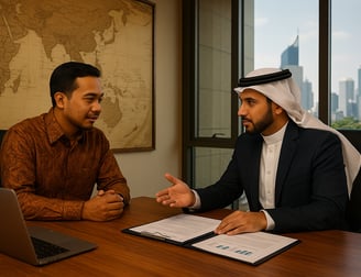 two men sitting at a table with papers and papers
