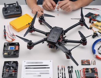 A person holds a drone prominently in the center, with a wheat field and clear blue sky in the background. The drone is in sharp focus while the person and the background are slightly blurred.