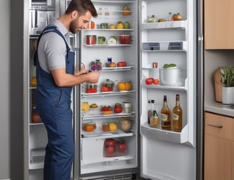 An oven with large silver knobs is partially covered with a purple towel hanging over its handle. There is a white appliance with attached cables on the left, possibly an electric kettle or air purifier, resting on a countertop.