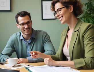 a man and woman sitting at a table with a laptop