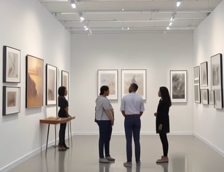 a group of people standing in a museum with pictures of people