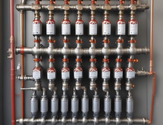 An intricate network of blue pipes and valves is mounted against a tiled wall. Numerous pressure gauges are attached at intervals, providing a detailed and complex arrangement. Each pipe is carefully connected, and there are various fittings and connections visible.