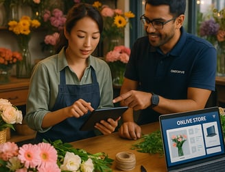 a man and woman are looking at a laptop and a laptop