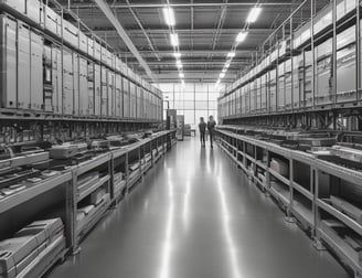 A large industrial building with a white corrugated metal exterior. There is a sign on the facade that reads 'TANISHO POLYMERS' along with an address. The surrounding area includes a fence, some greenery, and a motorcycle parked nearby.