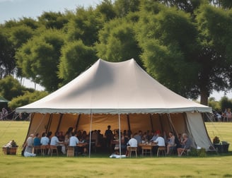 A church entrance with an outdoor setup featuring a canopy tent over a table and a wooden podium. The area is decorated with white chairs adorned with light blue ribbons, facing the podium. There's a large stained-glass window on the building façade and several benches lined up beneath it.