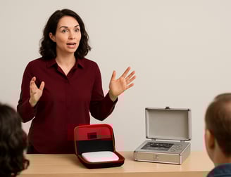 a woman in a red shirt is standing in front of a laptop