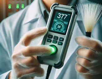 persona mostrando un equipo de pruebas de fibra óptica