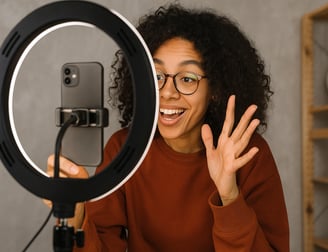 A creator actively filming content with a ring light, looking engaged and creative.