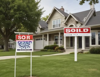 A bustling street scene featuring a row of shops and a property agency with bright signage, a pedestrian walking by, and a black vehicle passing along the road. In the foreground, a traffic sign and some greenery are visible.