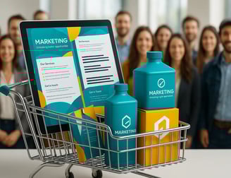 Écran affichant un visuel marketing dans un panier, avec une équipe floue en arrière-plan