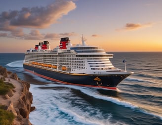 A large cruise ship with brightly illuminated signage in red, surrounded by decorative string lights. The scene is framed with an arch, and a palm tree is visible in the foreground. The atmosphere appears to be during dusk or early evening with soft ambient lighting.