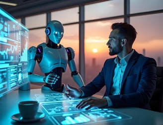 Profesional colaborando con un robot, representando estrategias de inteligencia artificial adaptadas