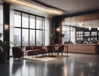 The image captures the interior of a restaurant or cafe, with the word 'Benessere' prominently displayed on a reflective surface. There are people working behind a counter, possibly chefs or kitchen staff, with a warm light illuminating the area. A chandelier with multiple hanging lights adds elegance, and there are some tables set for dining in the foreground.