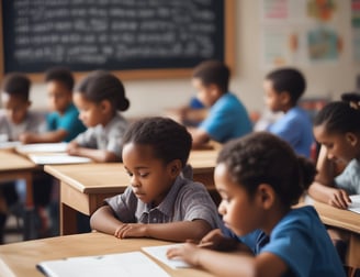 A group of young children sits at wooden desks in a classroom setting, with a teacher assisting them. The children are engaged in writing or drawing activities, wearing clothing typical of an earlier era. The teacher leans over to help some of the children, indicating an interactive and attentive learning environment. The room has a minimalist design with a blackboard and simple furniture.