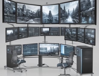 A computer lab with several rows of black desktop computers placed on tables, each connected with various cables. The room has a blue carpet and the walls have bulletin boards with posters. The arrangement suggests a classroom or training environment.