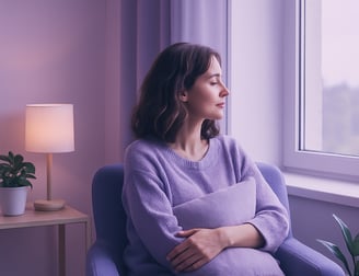 Dibujo de una mujer que está en terapia apretando un cojín, per con cara de tranquilidad.