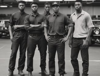 A group of seven men wearing matching blue work uniforms stands in front of a garage with signs denoting 'CAM STONE'S AUTOMOTIVE' and 'NAPA AutoCare Center.' Two white vans with signage promoting auto services are visible. The men appear to be staff members or mechanics.