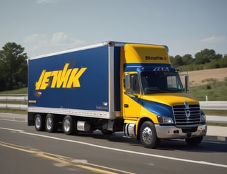 A red delivery truck is moving at high speed under an overpass on a wet road. The motion blur suggests fast movement, and the reflections on the pavement indicate recent rainfall. The truck has the word 'FORWARDERS' written on its side.