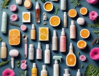 Various wellness and beauty products, including oils in bottles, a bowl of oil, dried flowers, crystals, a smudge stick, and a small dish of cream, are arranged aesthetically on a light surface. The scene is decorated with colorful flowers and herbs.