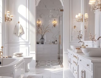 Elegant classic bathroom with white marble, gold accents, and luxurious chandeliers.