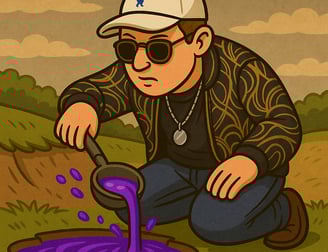 Hustensaft Jüngling kniet am Boden und schöpft leuchtend lilafarbene Flüssigkeit mit einer Kelle aus einer Quelle im Erdreich