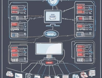 A close-up of a network switch or server rack with various colored Ethernet cables plugged into ports. The device features indicator lights, and the setting appears to be a technical or IT environment with several wires and cables.