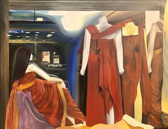 Acrylic painting of three female mannequins gazing out the street