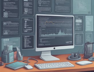 An abstract, pastel-colored, 3D-rendered representation of data analysis and search engine optimization (SEO). The image features a computer interface with various analytics symbols, including a magnifying glass, bar charts, pie charts, and a search bar with the text 'SEO'. Surrounding the interface are different objects such as a potted plant, a cup with a saucer, and a megaphone, all placed on a light green background.