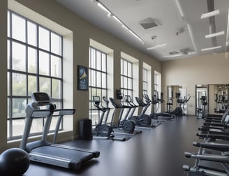 A modern apartment complex featuring two multi-story buildings with large windows and balconies. The complex is surrounded by landscaped areas with palm trees and a small pool in the center. Several parked vehicles are situated along the paved driveway that runs between the buildings.
