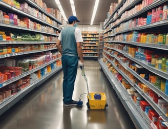 A supermarket aisle filled with various cleaning products, organized neatly on shelves. Promotional sale tags are visible on many items, indicating discounted prices. A promotional stand-up banner on the left features a smiling woman holding clean laundry, with a slogan in Hindi.
