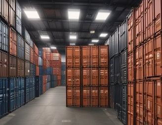 A large industrial storage yard filled with colorful shipping containers and trailers. The containers are stacked and aligned in rows, displaying various brand logos and colors. There are few vehicles parked nearby, and the area seems to be used for logistics or transportation purposes.