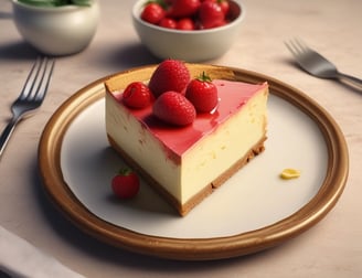 A round dessert with a light, creamy texture and speckled with small dark bits, likely a type of cheesecake or pie, sits on a glass plate. The background features a red and black checkered cloth and a tipped-over white container with ingredients.