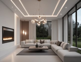 A series of modern, linear ceiling lights are suspended in an architectural interior. The ceiling features geometric shapes, and the lighting creates a pattern of elongated lines across the space. Soft natural light filters through the windows, adding to the minimalist and sleek design.