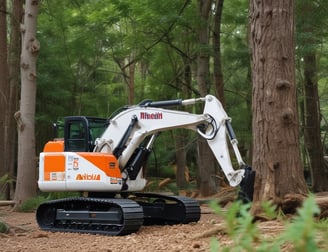 A construction scene with heavy machinery positioned on a street lined with large green trees and bushes. The yellow machines include a skid steer loader and a trencher parked on the road. In the background, there is a house partially obscured by the trees.