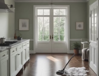 A person wearing protective clothing, a face mask, and gloves is cleaning a white cushioned furniture piece using a vacuum cleaner. The setting appears to be indoors with bright natural light streaming in through large windows. A green potted plant is placed next to a white sofa, adding a touch of nature to the clean and tidy environment.