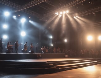 An array of bright stage lights beams across a dark arena, creating a dynamic atmosphere with a large screen displaying various logos and text. A camera crane is visible in the foreground, suggesting a professional event setup.