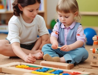 A group of women wearing casual clothing are engaging with children in a colorful room. The walls are painted with bright circles and letters. Some of the women are seated, serving food or interacting with the children, while one stands using a phone. The children are sitting or kneeling on the floor, holding bowls and cups.