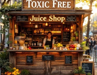 a woman standing in front of a juice shop that says toxic free juice shop