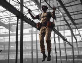 A group of construction workers wearing orange safety vests, yellow helmets, and blue masks stand in a line. They appear to be on a construction site with a crane and other workers in white protective suits in the background. The setting suggests a mixture of construction and possibly some form of safety or health protocol.