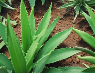 A healthy aloe vera plant with long, fleshy green leaves situated in a rectangular terracotta planter. The plant is placed against a textured, light-colored wall, with a small tomato plant growing nearby.