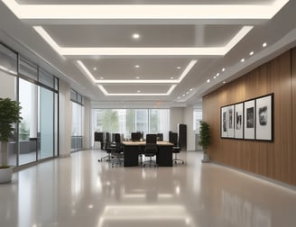 A modern architectural exterior with a smooth, polished marble floor reflecting the ambient light. The design features clean lines and a minimalistic railing, allowing a view of the outdoors with green trees and distant buildings. Soft lighting fixtures are mounted on the ceiling.