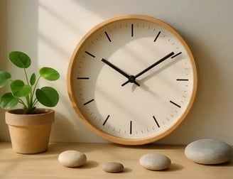 Relógio de parede com plantas e pedras decorativas ao redor, simbolizando gestão do tempo e equilíbrio.