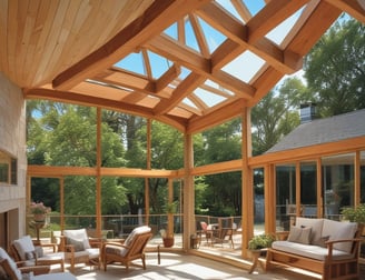 A small automotive repair shop with a distinctive red and white facade, located on a quiet street. The building is one story with large glass windows and a sign displaying the name of the business. A black car is parked in front of one of the garage doors. Tree-lined streets with houses are visible in the background, bathed in the soft light of late afternoon.