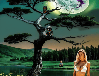 a woman in a bikini top and a man in the tree and one across the pond Illusions